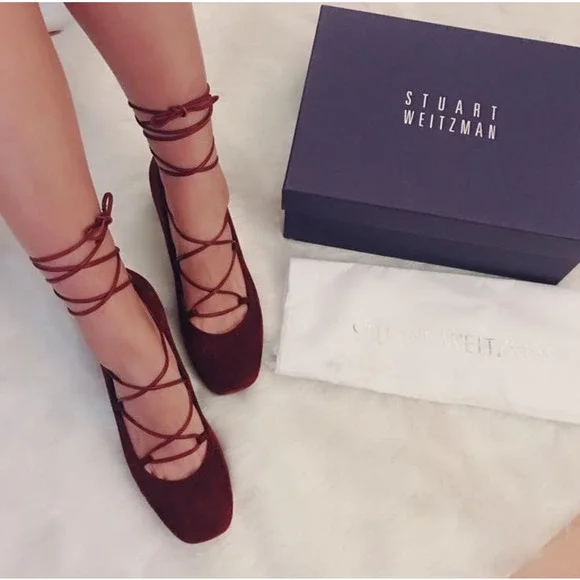 Stuart Weitzman Wine Burgundy Cordon Ballerina Lace Up Suede Pumps Size 4